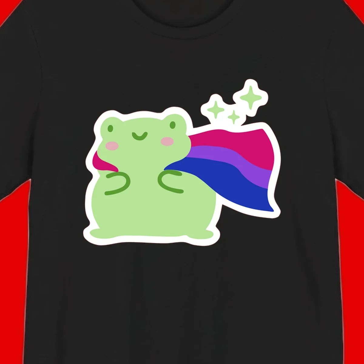 Smiling green frog wearing a flowing rainbow cape with floating sparkles, pride-frog-cape design illustration