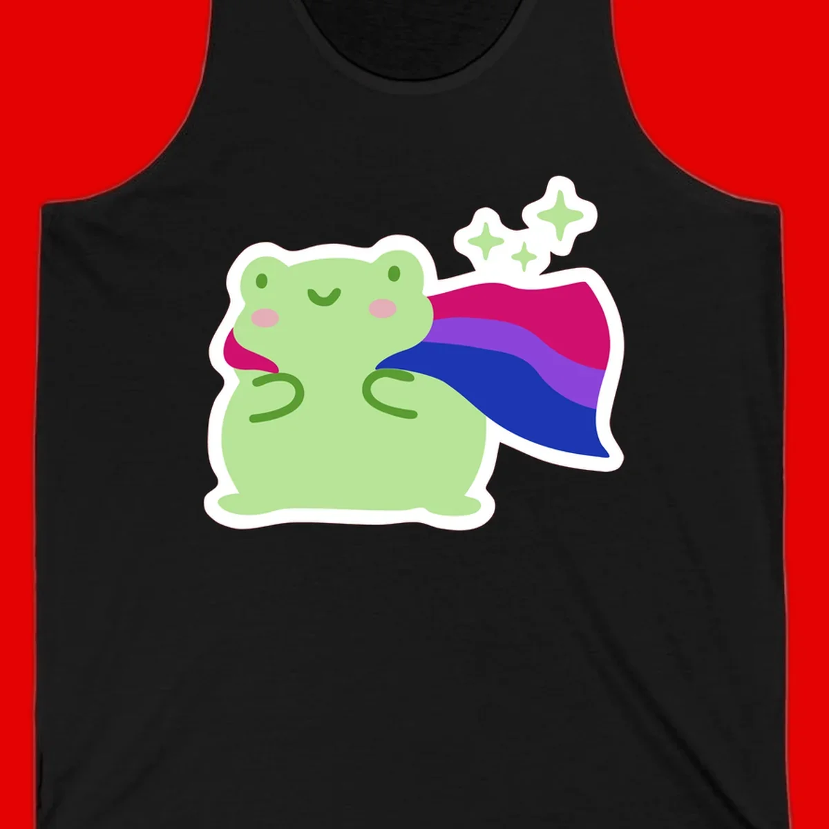 Smiling green frog wearing a flowing rainbow cape with floating sparkles, pride-frog-cape design illustration