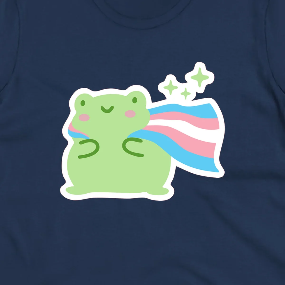 Cheerful green frog with sparkles wearing a magical pink and blue striped cape