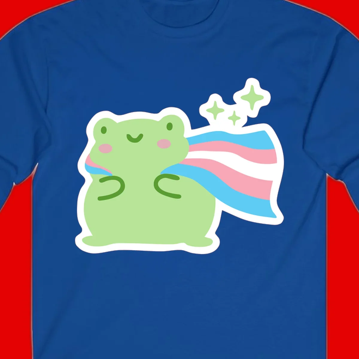 Cheerful green frog with sparkles wearing a magical pink and blue striped cape