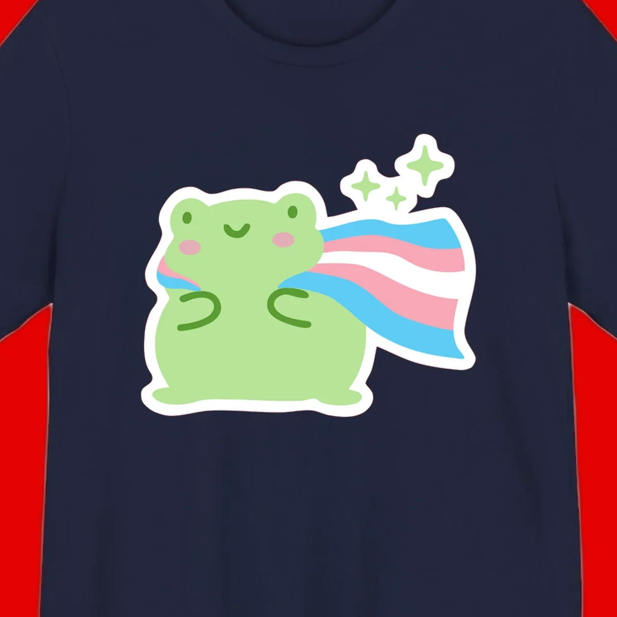 Cheerful green frog with sparkles wearing a magical pink and blue striped cape