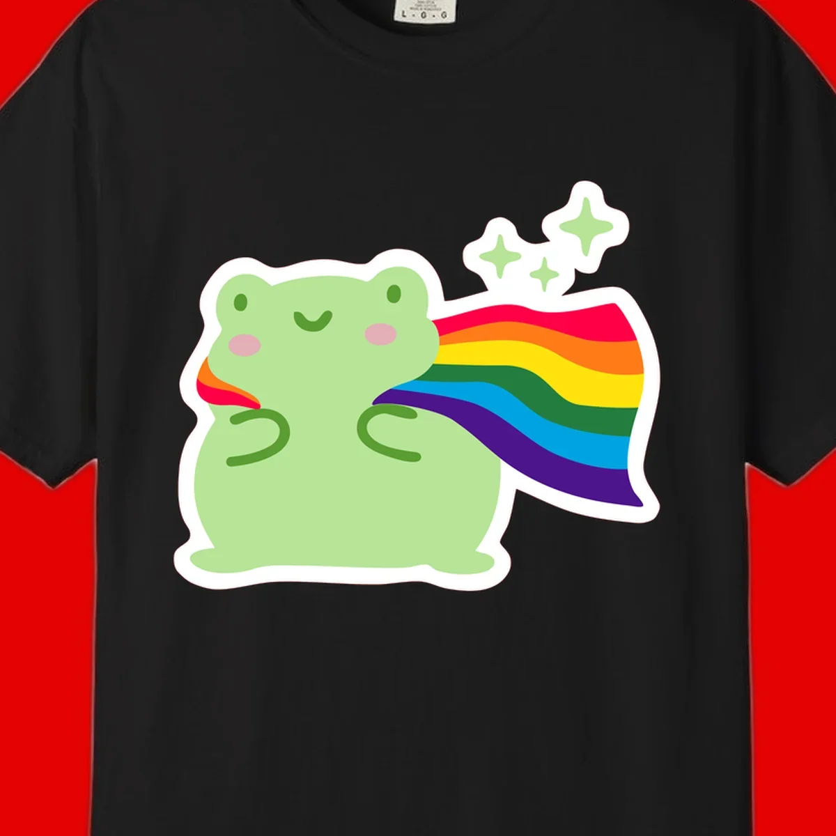 Cute green frog character holding a rainbow pride flag with sparkle stars, celebrating pride and inclusivity