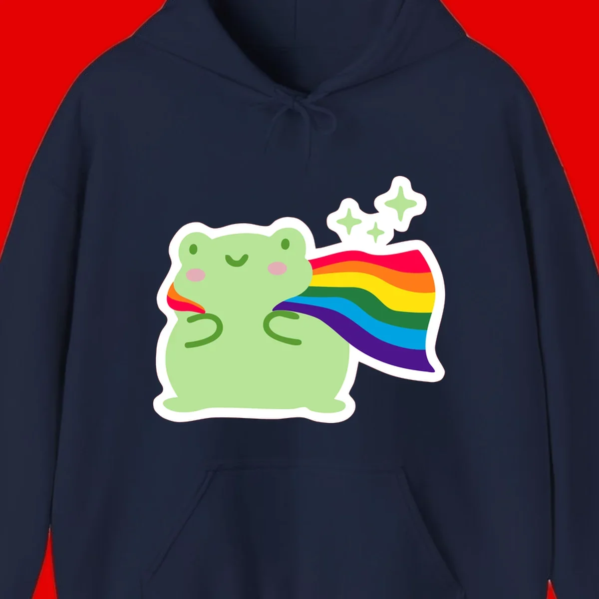 Cute green frog character holding a rainbow pride flag with sparkle stars, celebrating pride and inclusivity