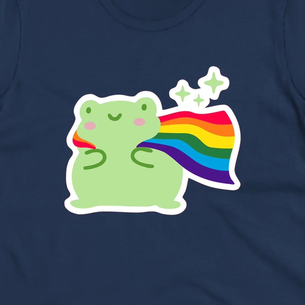 Cute green frog character holding a rainbow pride flag with sparkle stars, celebrating pride and inclusivity