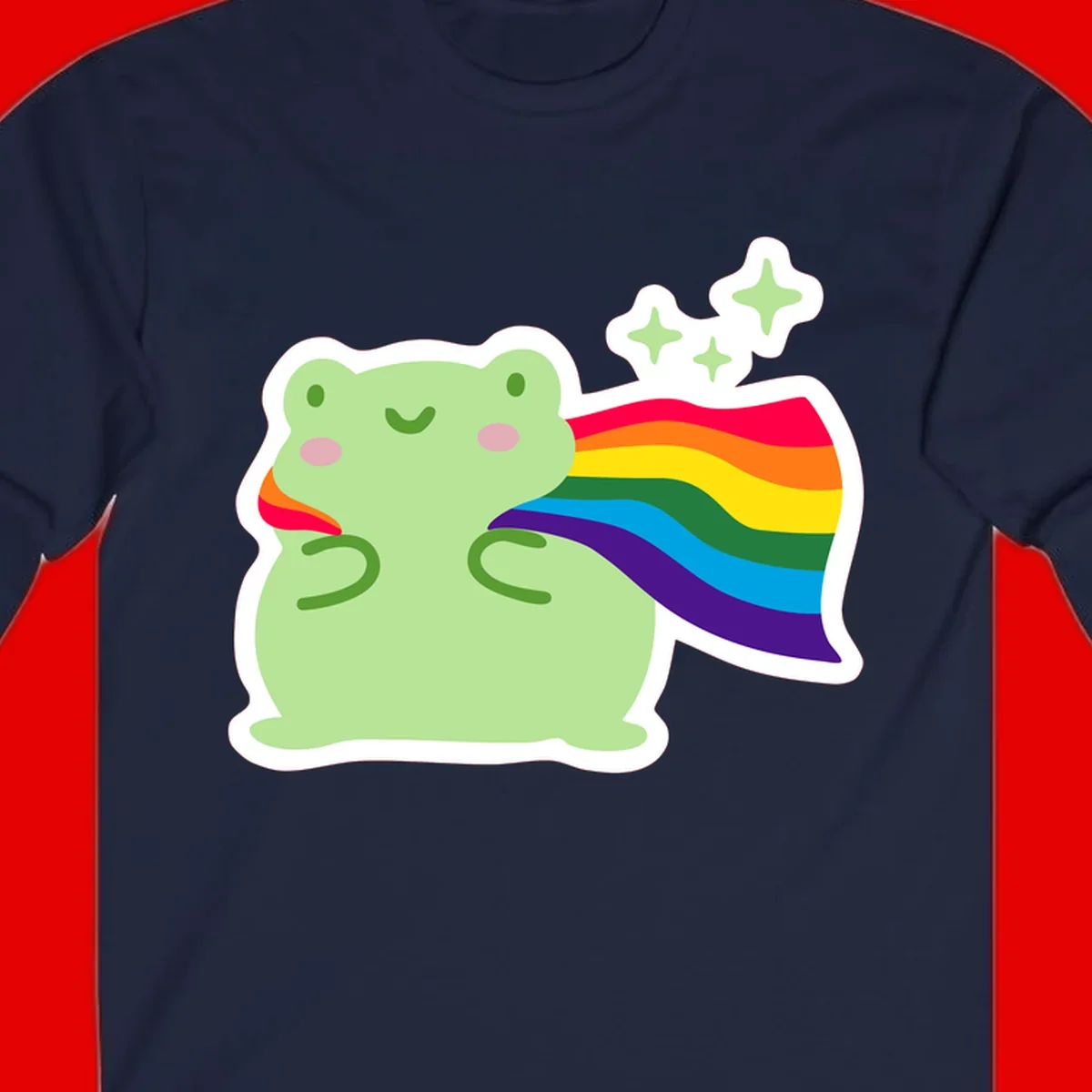 Cute green frog character holding a rainbow pride flag with sparkle stars, celebrating pride and inclusivity