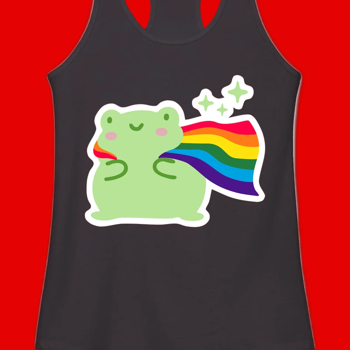 Cute green frog character holding a rainbow pride flag with sparkle stars, celebrating pride and inclusivity