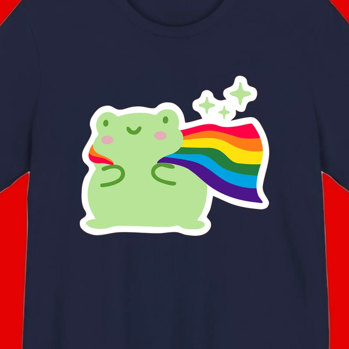 Cute green frog character holding a rainbow pride flag with sparkle stars, celebrating pride and inclusivity