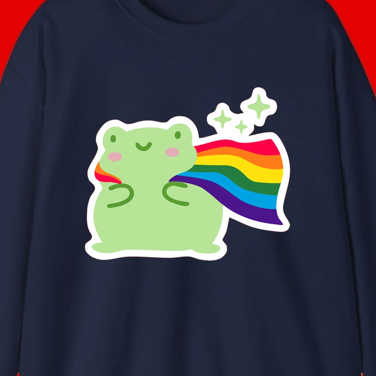 Cute green frog character holding a rainbow pride flag with sparkle stars, celebrating pride and inclusivity