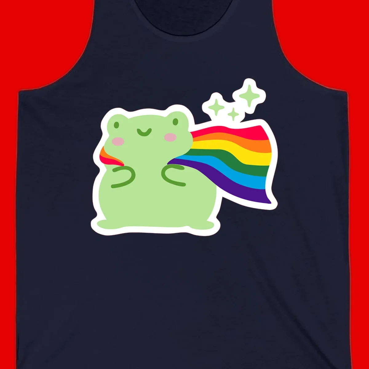 Cute green frog character holding a rainbow pride flag with sparkle stars, celebrating pride and inclusivity
