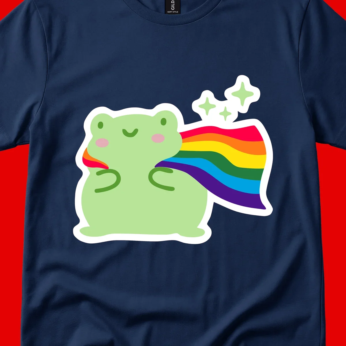 Cute green frog character holding a rainbow pride flag with sparkle stars, celebrating pride and inclusivity