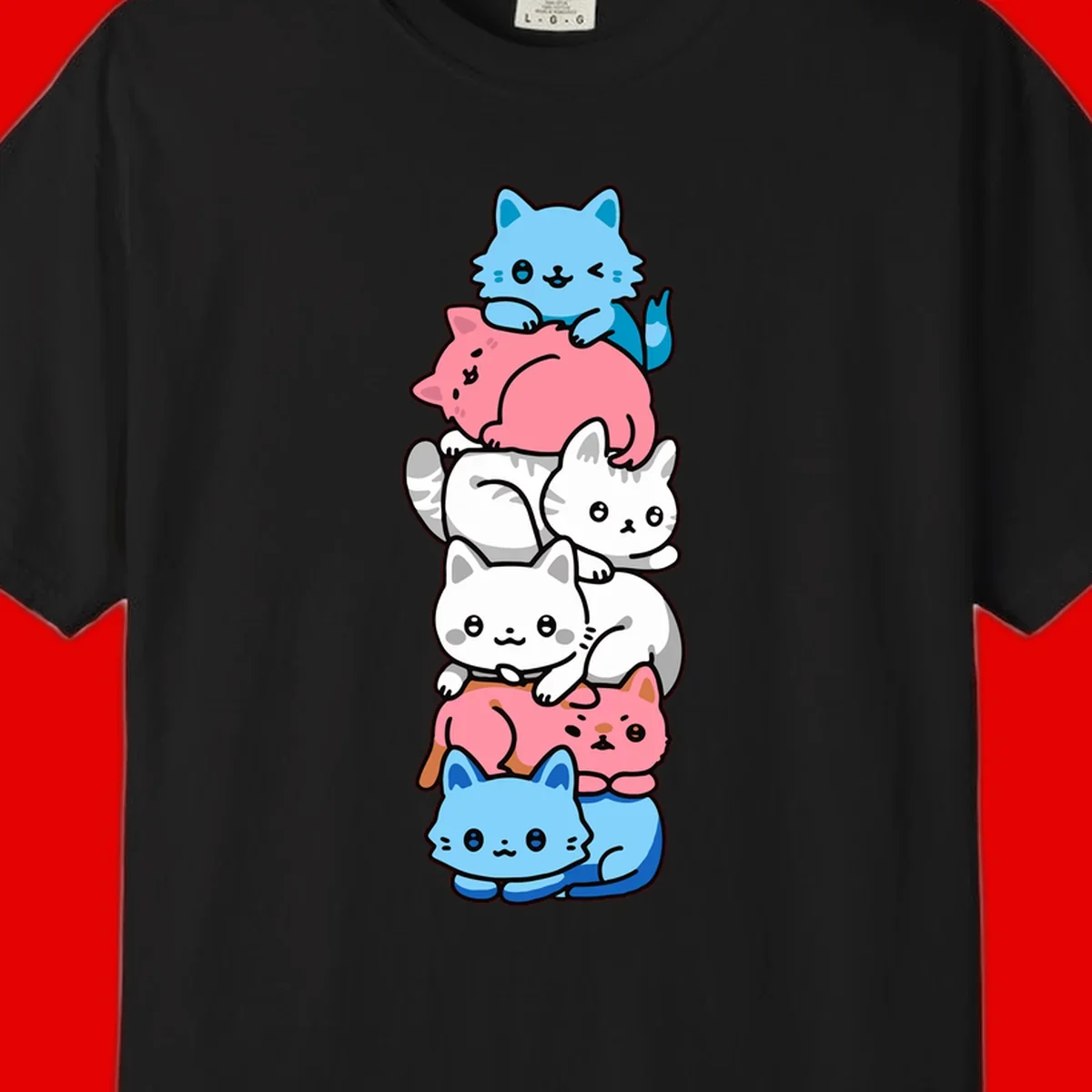 Six stacked kawaii-style cats in light blue, pink, and white with cute smiling faces and whiskers, illustrating a colorful stacked-kawaii-cats-pride design