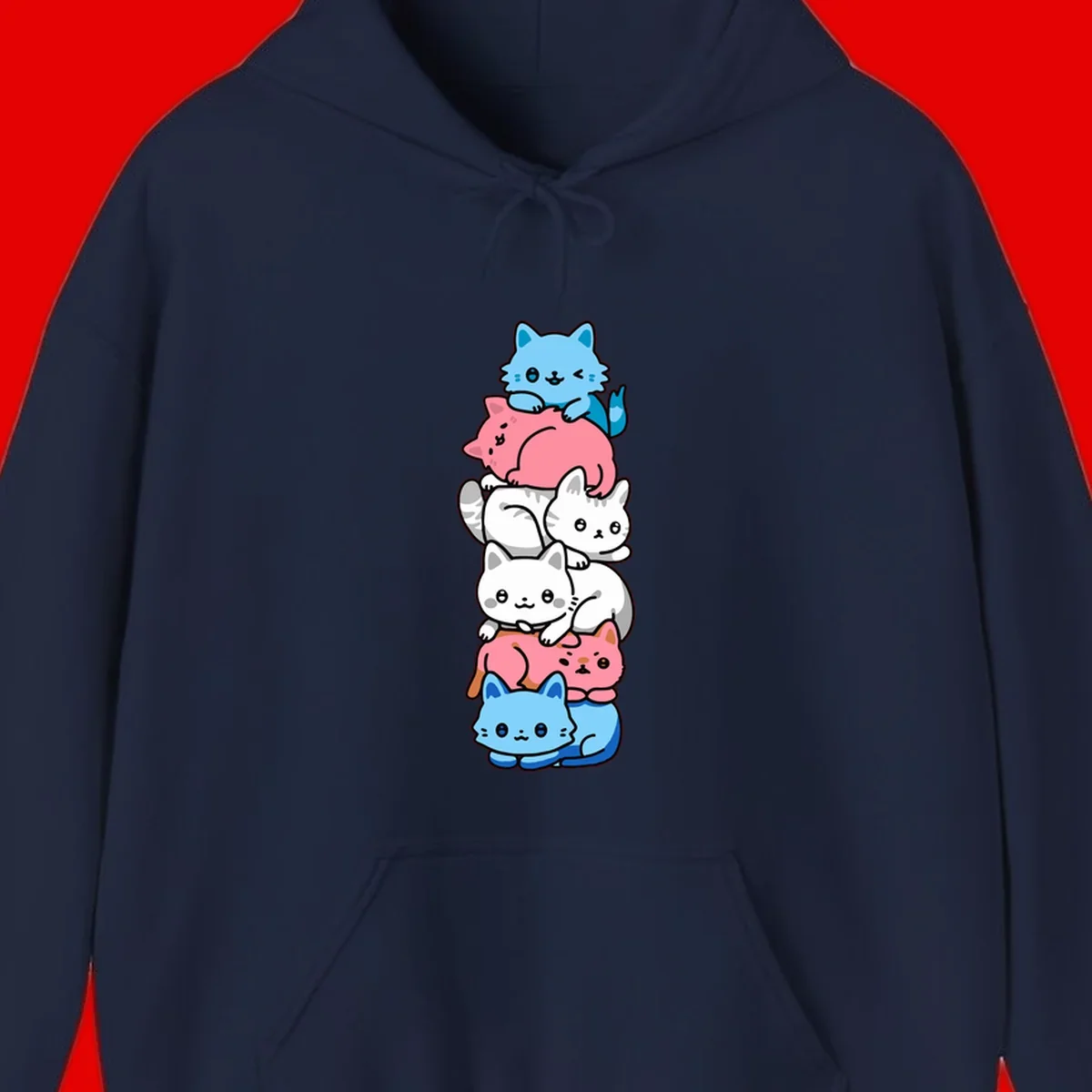Six stacked kawaii-style cats in light blue, pink, and white with cute smiling faces and whiskers, illustrating a colorful stacked-kawaii-cats-pride design