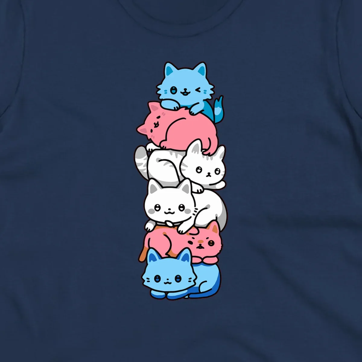 Six stacked kawaii-style cats in light blue, pink, and white with cute smiling faces and whiskers, illustrating a colorful stacked-kawaii-cats-pride design