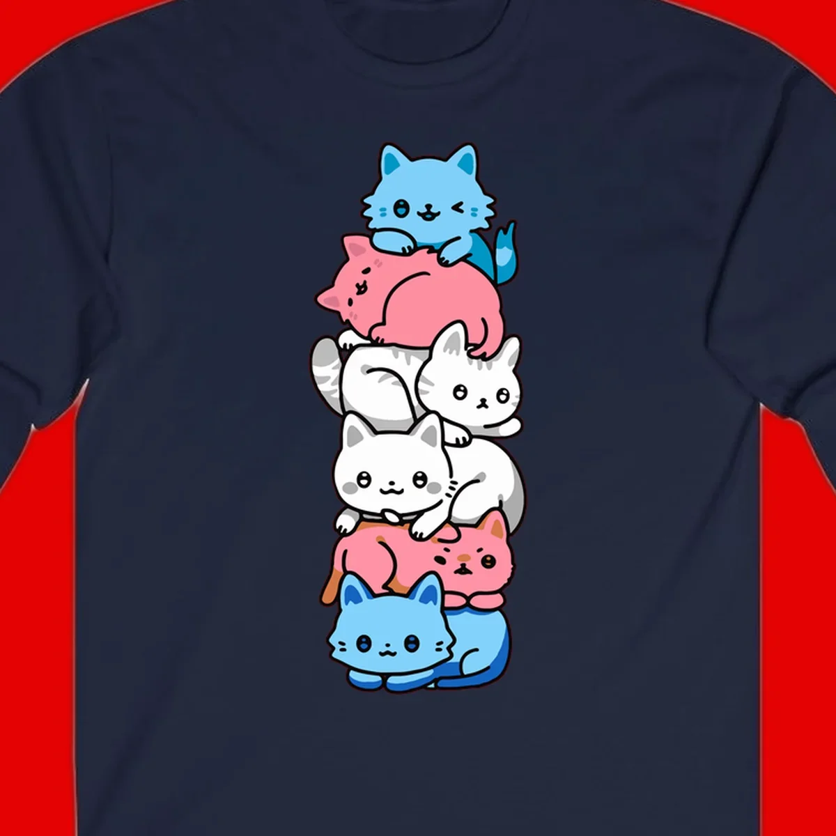 Six stacked kawaii-style cats in light blue, pink, and white with cute smiling faces and whiskers, illustrating a colorful stacked-kawaii-cats-pride design