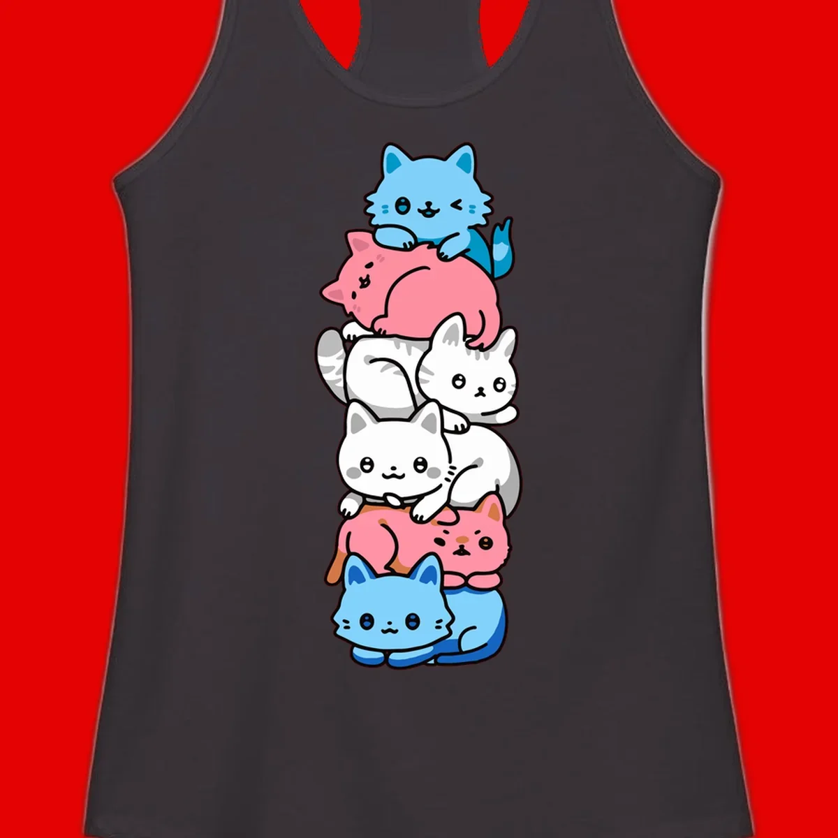 Six stacked kawaii-style cats in light blue, pink, and white with cute smiling faces and whiskers, illustrating a colorful stacked-kawaii-cats-pride design