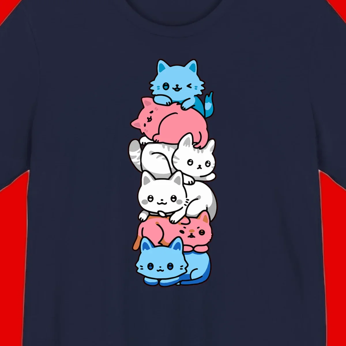 Six stacked kawaii-style cats in light blue, pink, and white with cute smiling faces and whiskers, illustrating a colorful stacked-kawaii-cats-pride design