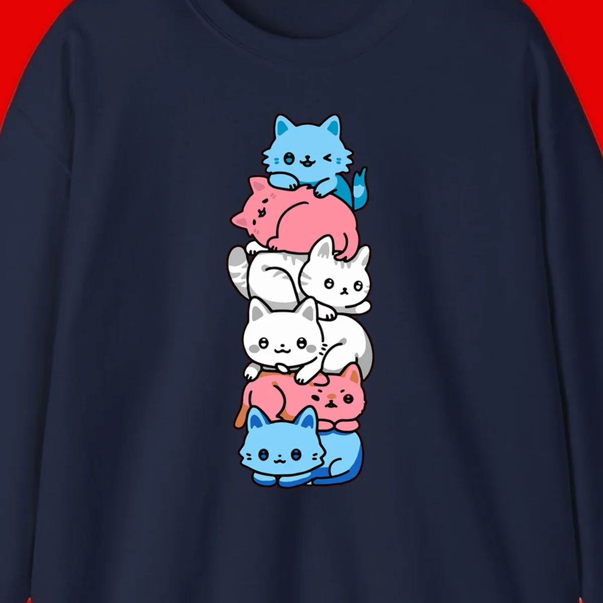 Six stacked kawaii-style cats in light blue, pink, and white with cute smiling faces and whiskers, illustrating a colorful stacked-kawaii-cats-pride design