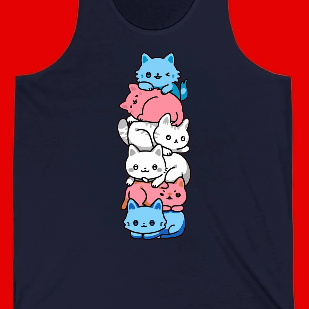 Six stacked kawaii-style cats in light blue, pink, and white with cute smiling faces and whiskers, illustrating a colorful stacked-kawaii-cats-pride design