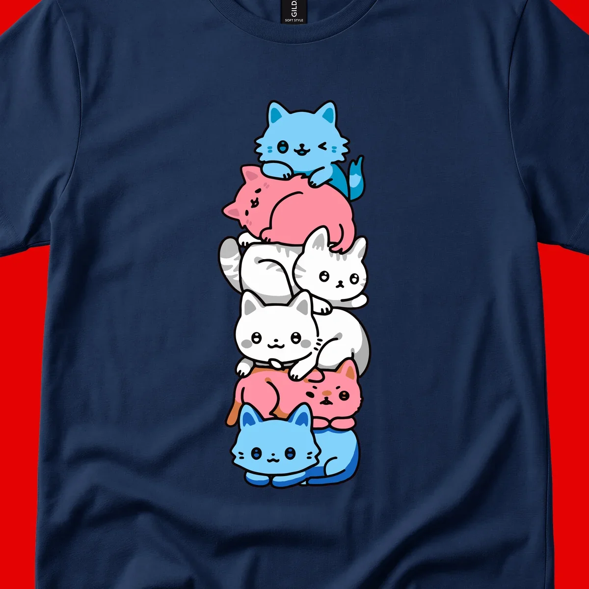 Six stacked kawaii-style cats in light blue, pink, and white with cute smiling faces and whiskers, illustrating a colorful stacked-kawaii-cats-pride design