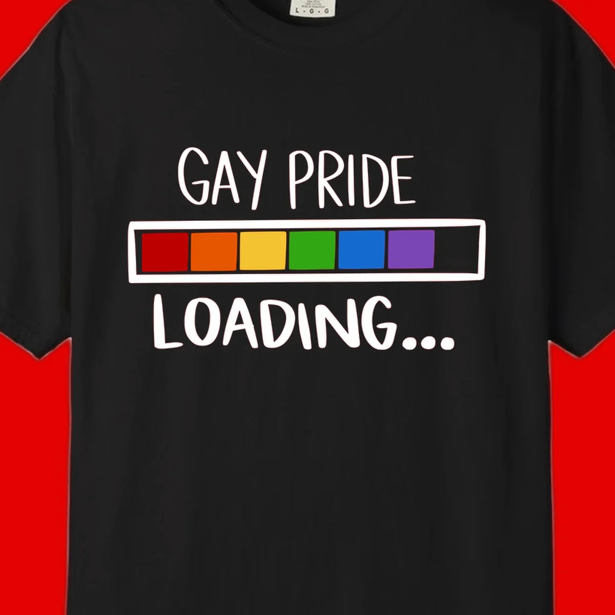 Pride loading bar design with text 'GAY PRIDE LOADING' and six-color rainbow progress indicator