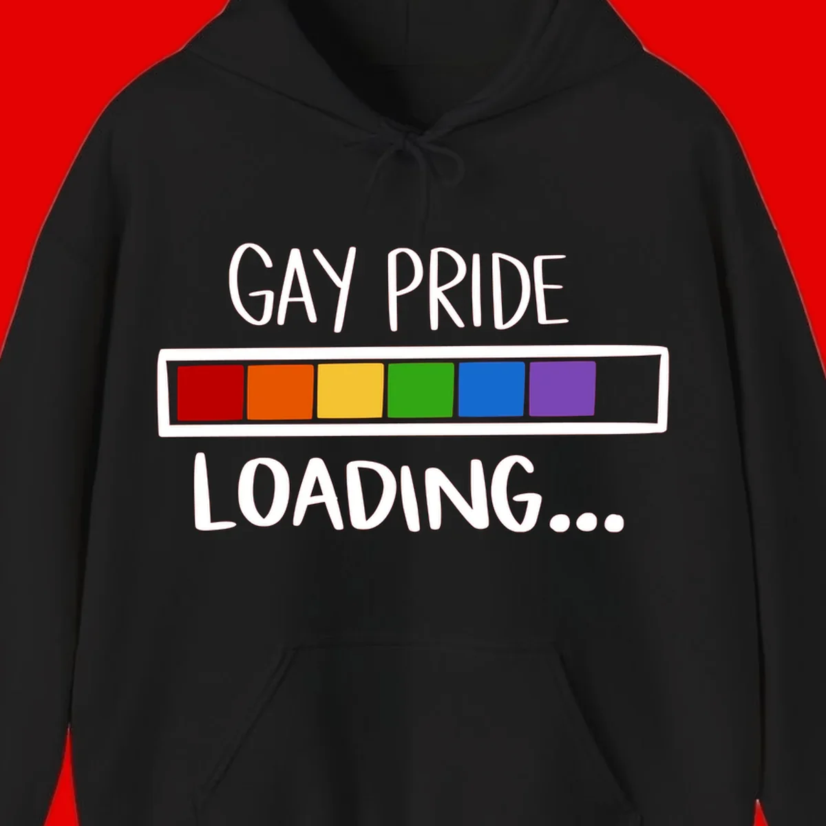 Pride loading bar design with text 'GAY PRIDE LOADING' and six-color rainbow progress indicator