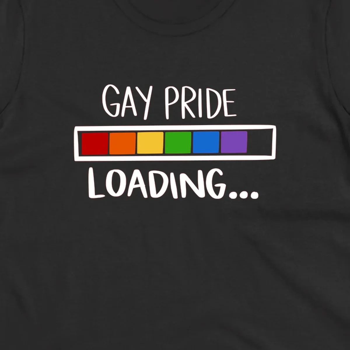 Pride loading bar design with text 'GAY PRIDE LOADING' and six-color rainbow progress indicator