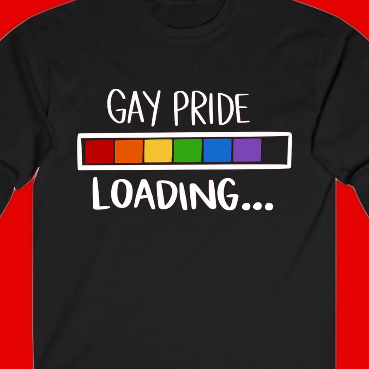 Pride loading bar design with text 'GAY PRIDE LOADING' and six-color rainbow progress indicator