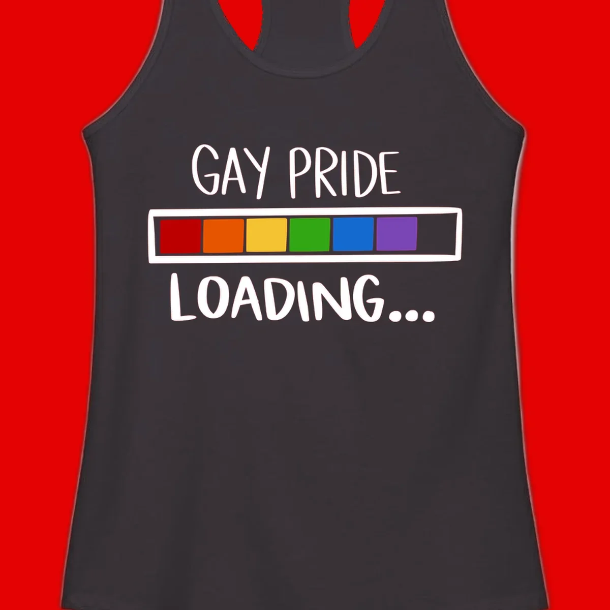 Pride loading bar design with text 'GAY PRIDE LOADING' and six-color rainbow progress indicator