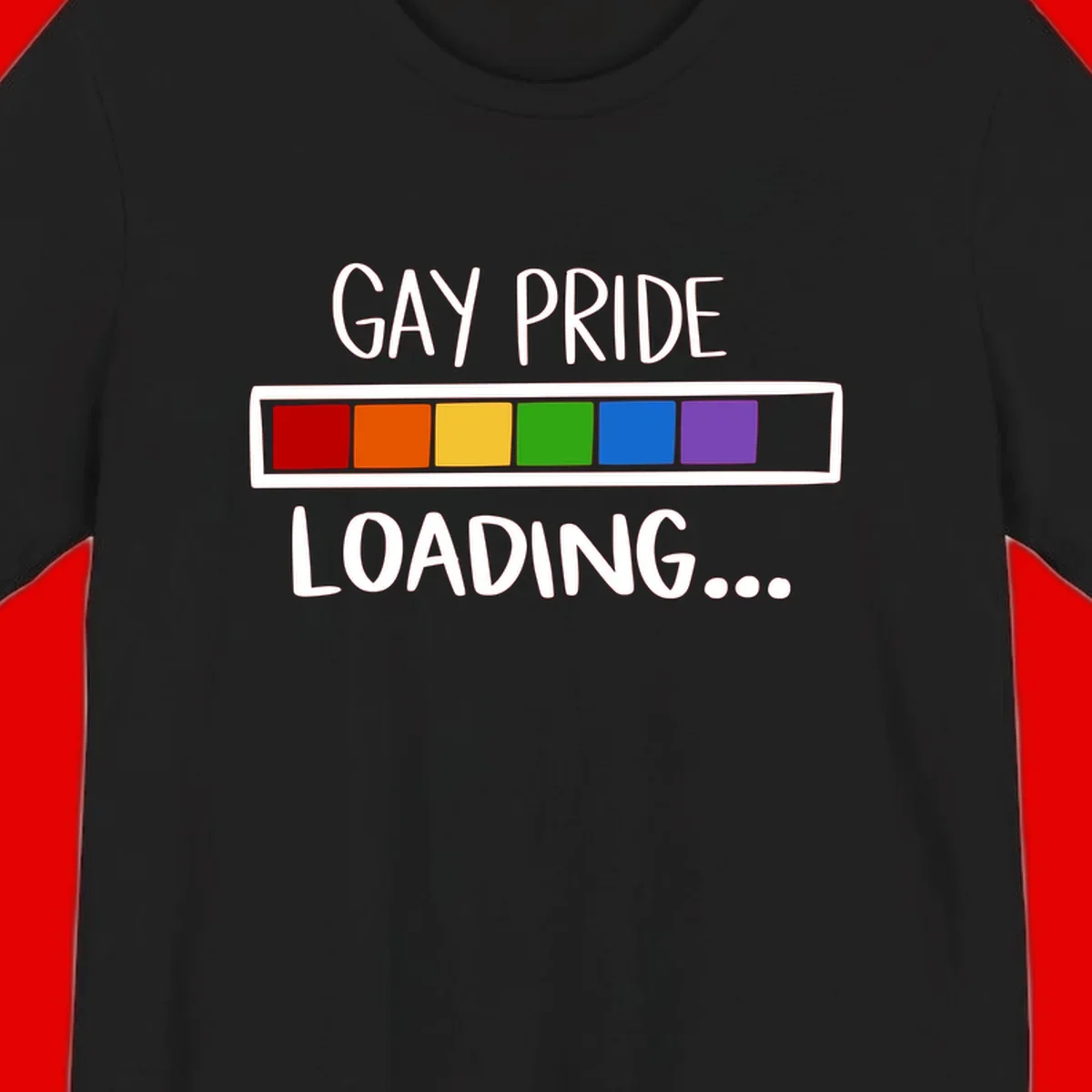 Pride loading bar design with text 'GAY PRIDE LOADING' and six-color rainbow progress indicator