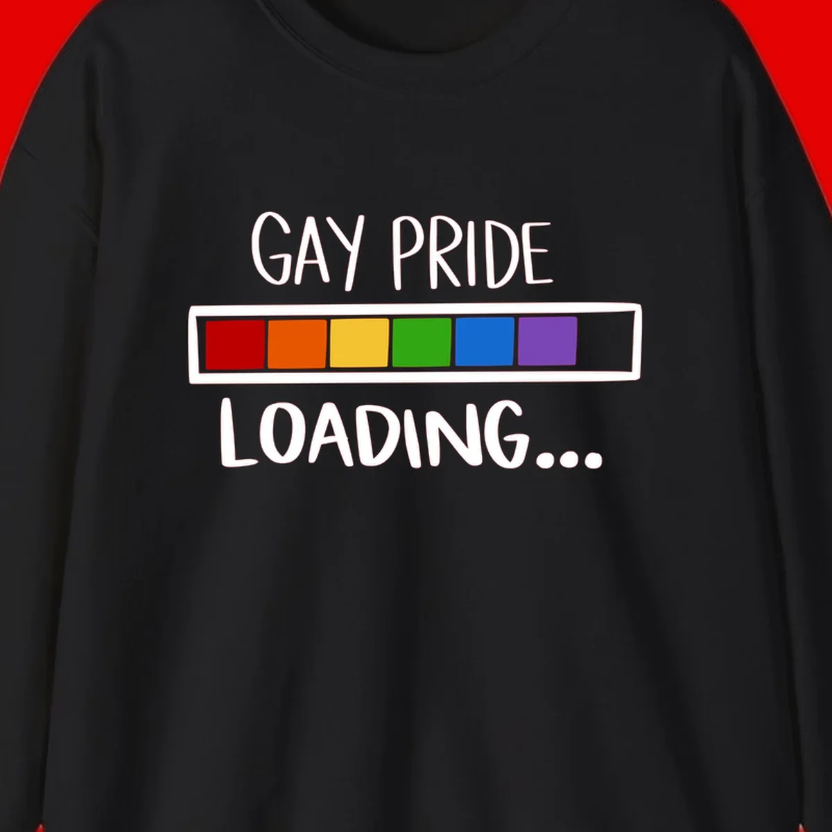 Pride loading bar design with text 'GAY PRIDE LOADING' and six-color rainbow progress indicator