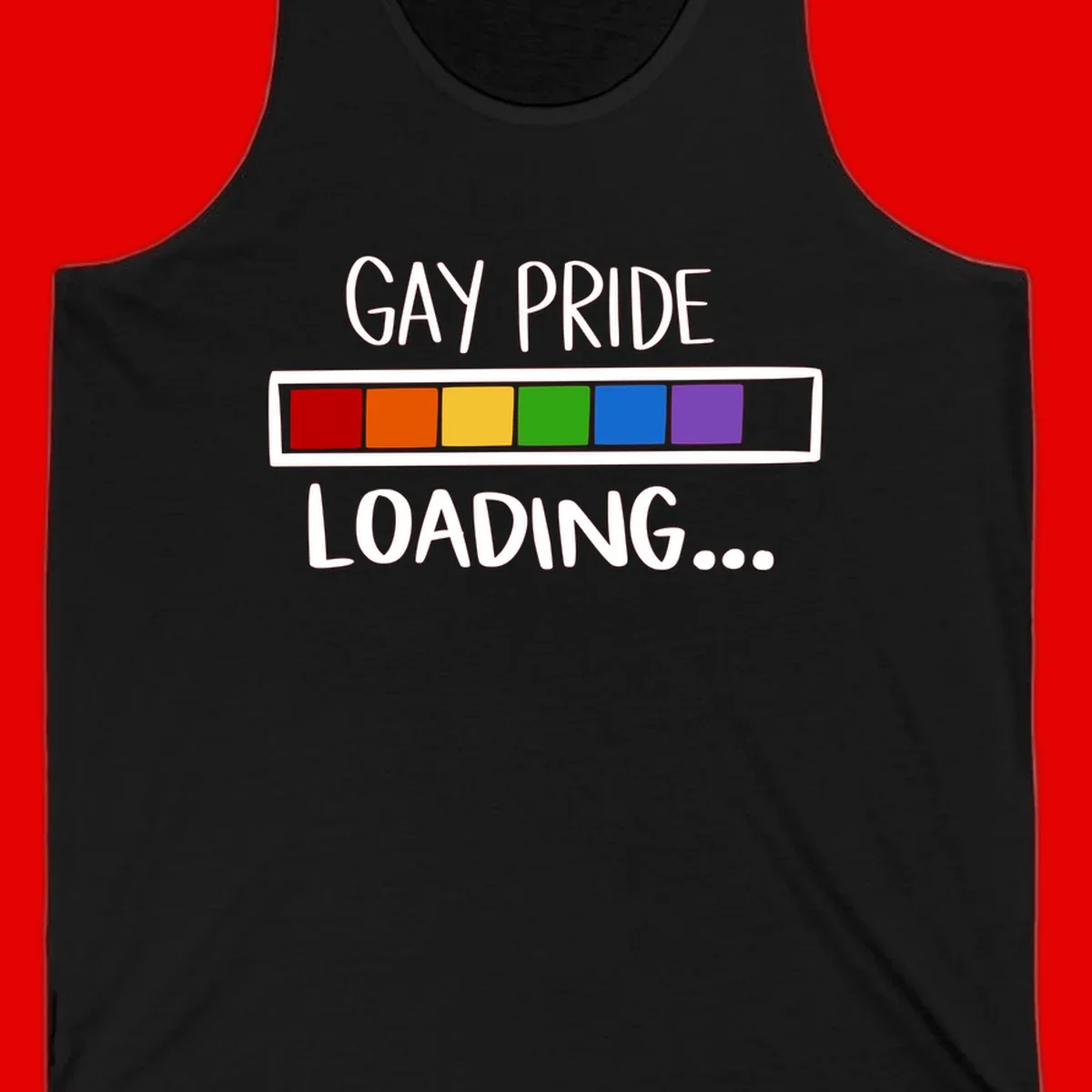Pride loading bar design with text 'GAY PRIDE LOADING' and six-color rainbow progress indicator