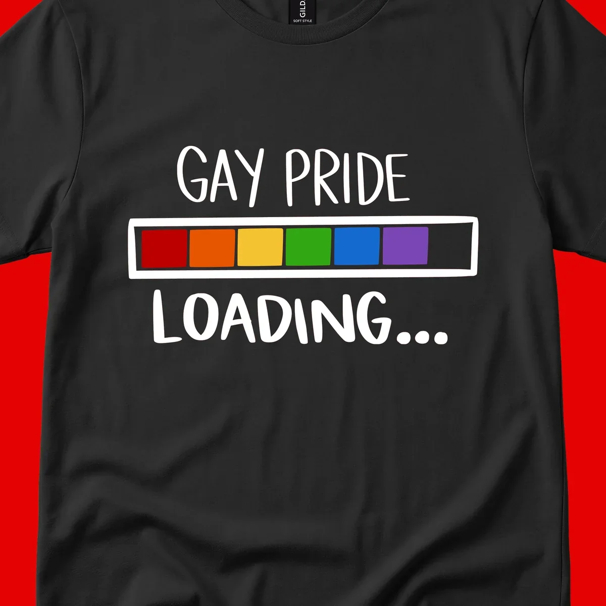 Pride loading bar design with text 'GAY PRIDE LOADING' and six-color rainbow progress indicator