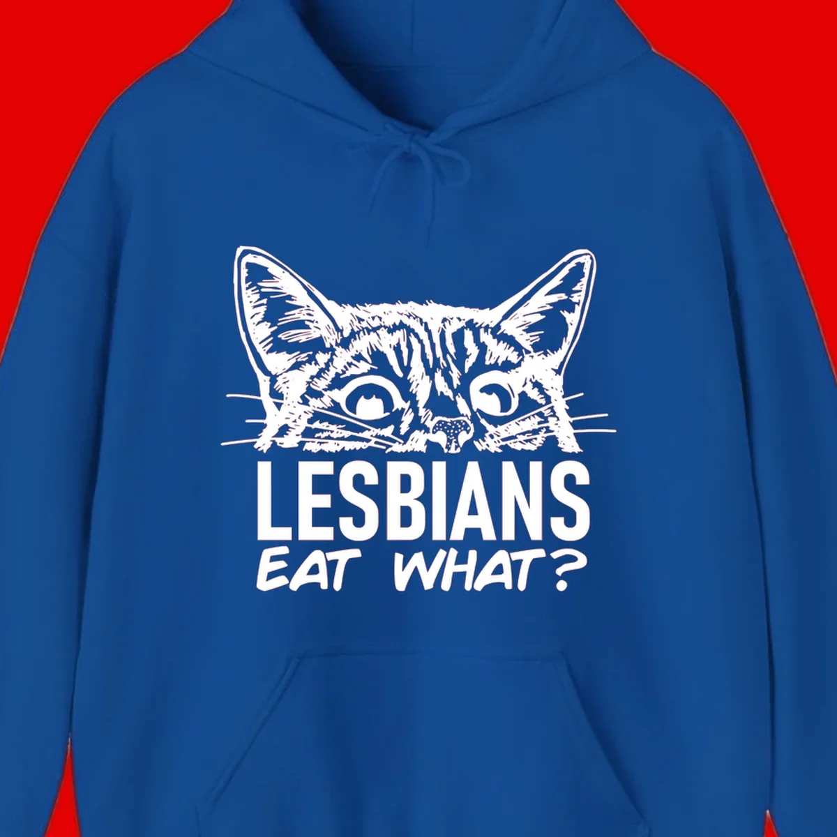 Lesbians eat what cat design: Detailed line-art cat face with expressive eyes and whiskers above bold text reading 'LESBIANS EAT WHAT?'