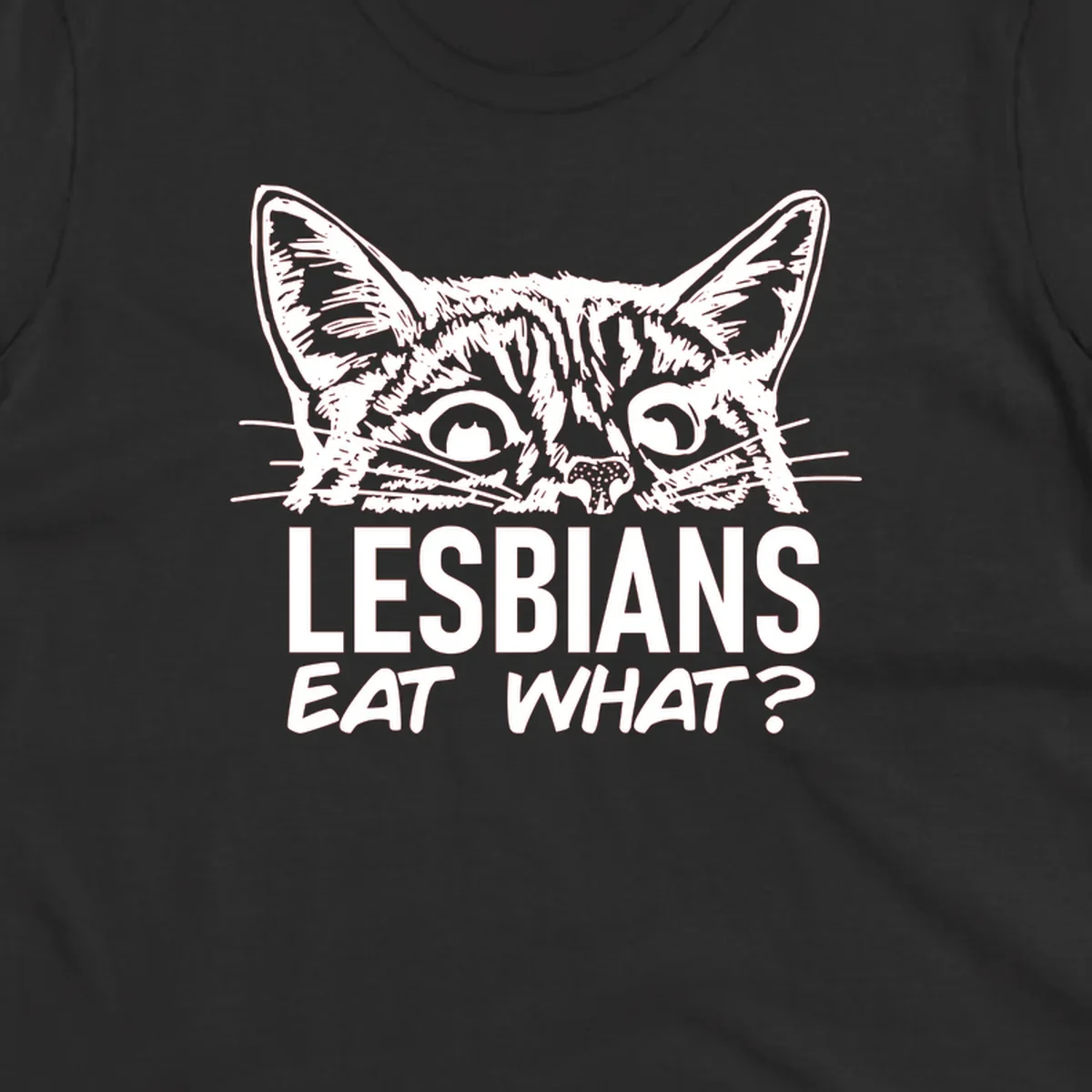 Lesbians eat what cat design: Detailed line-art cat face with expressive eyes and whiskers above bold text reading 'LESBIANS EAT WHAT?'