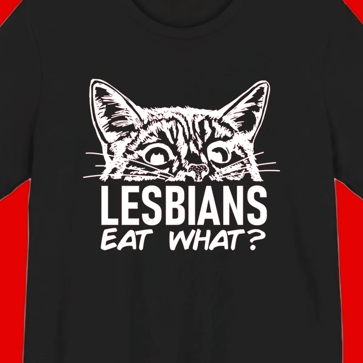 Lesbians eat what cat design: Detailed line-art cat face with expressive eyes and whiskers above bold text reading 'LESBIANS EAT WHAT?'
