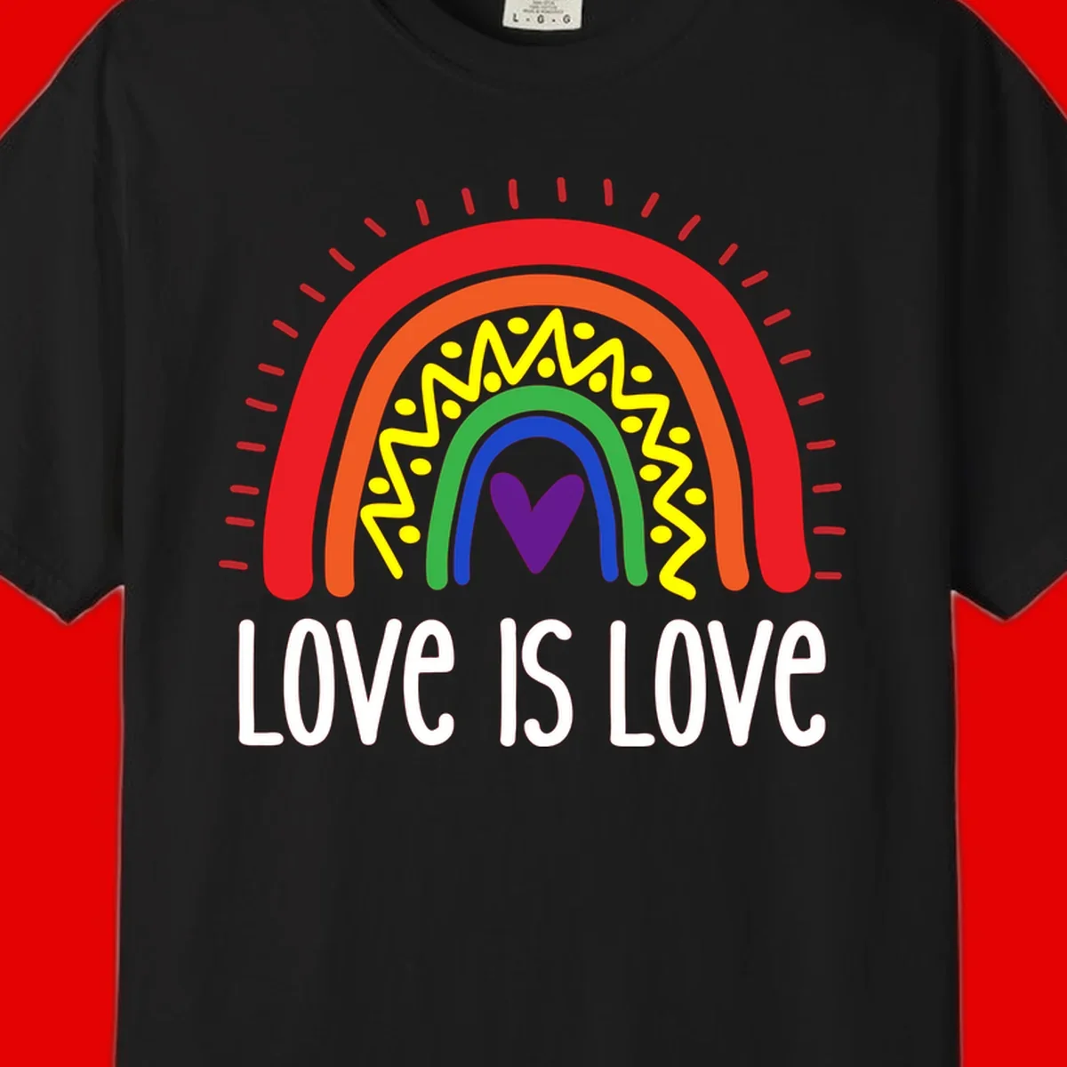 Colorful concentric rainbow arcs with purple heart center, yellow lightning and dots, red rays, and 'Love Is Love' text