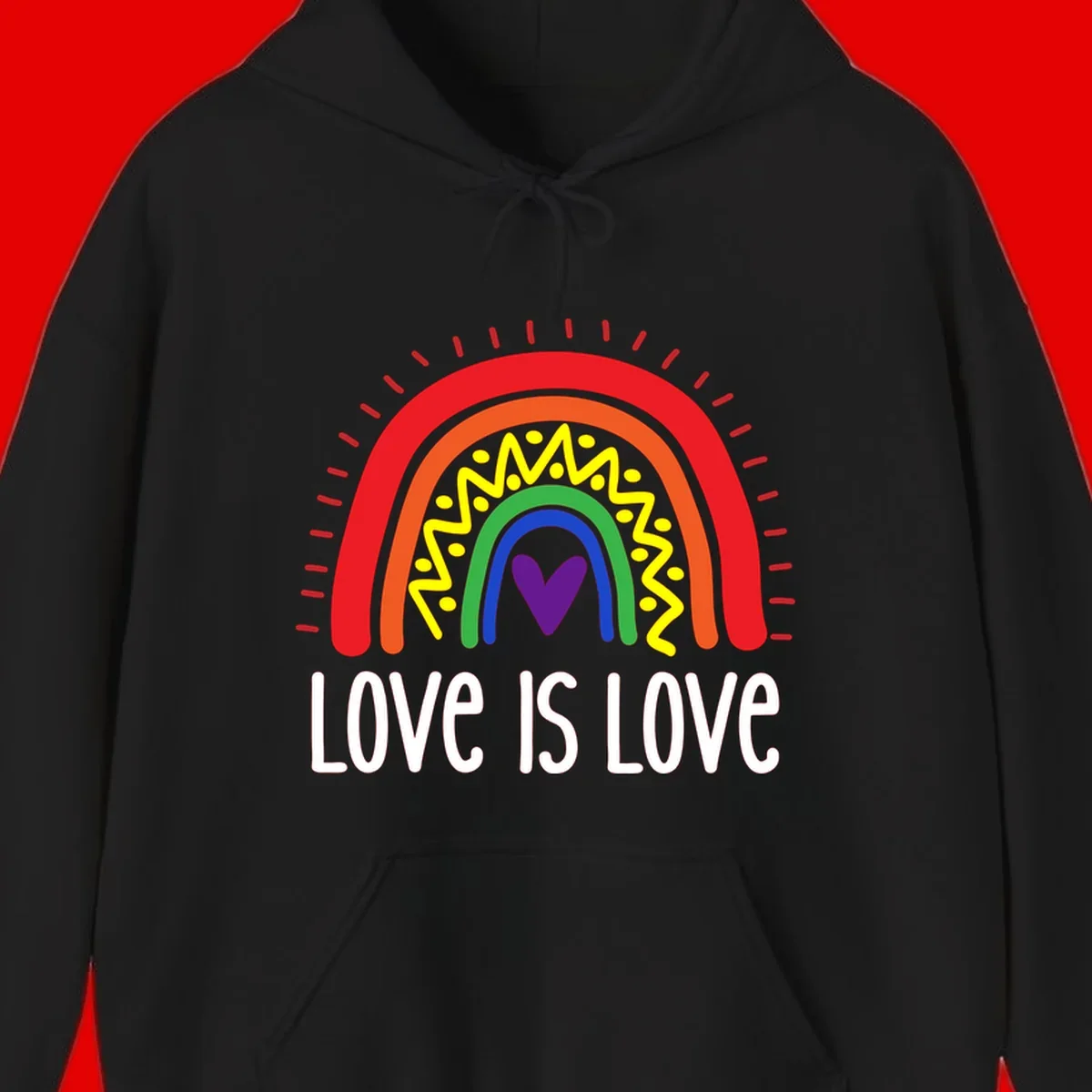 Colorful concentric rainbow arcs with purple heart center, yellow lightning and dots, red rays, and 'Love Is Love' text