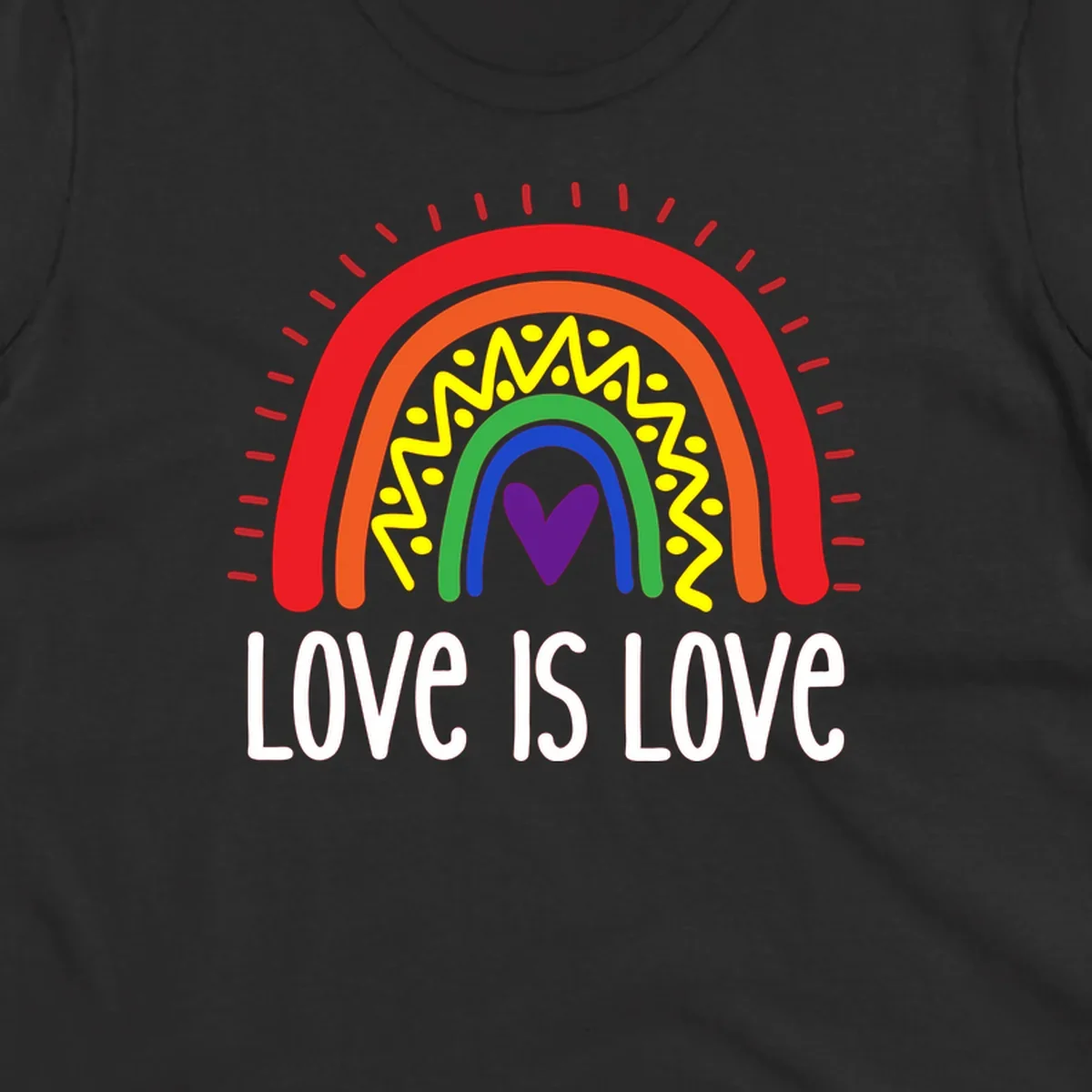 Colorful concentric rainbow arcs with purple heart center, yellow lightning and dots, red rays, and 'Love Is Love' text
