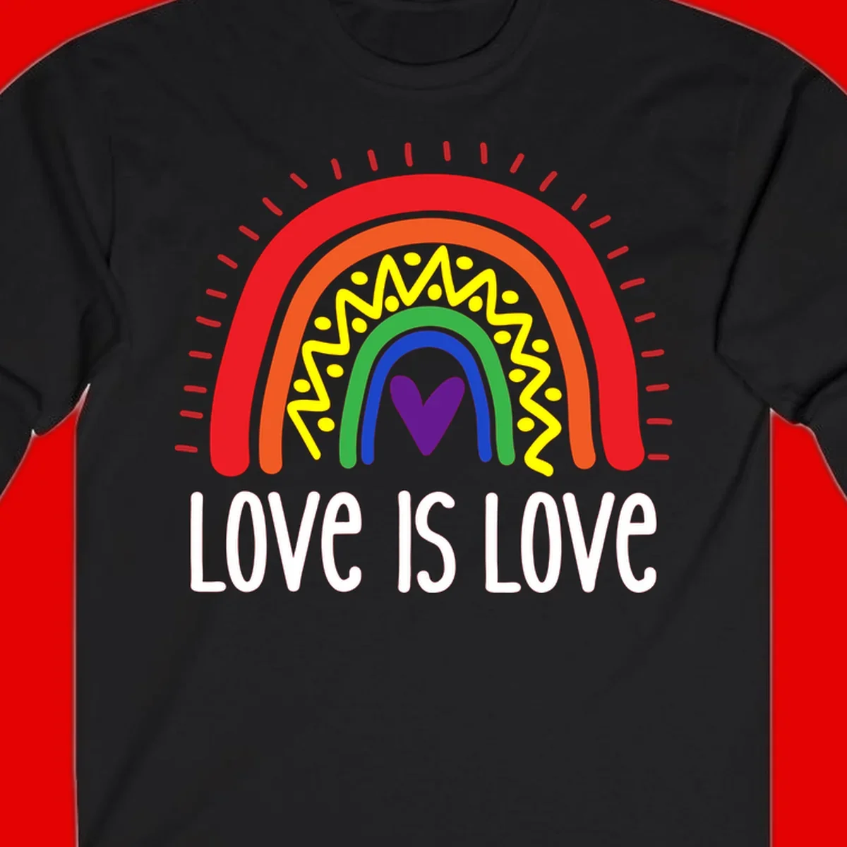 Colorful concentric rainbow arcs with purple heart center, yellow lightning and dots, red rays, and 'Love Is Love' text