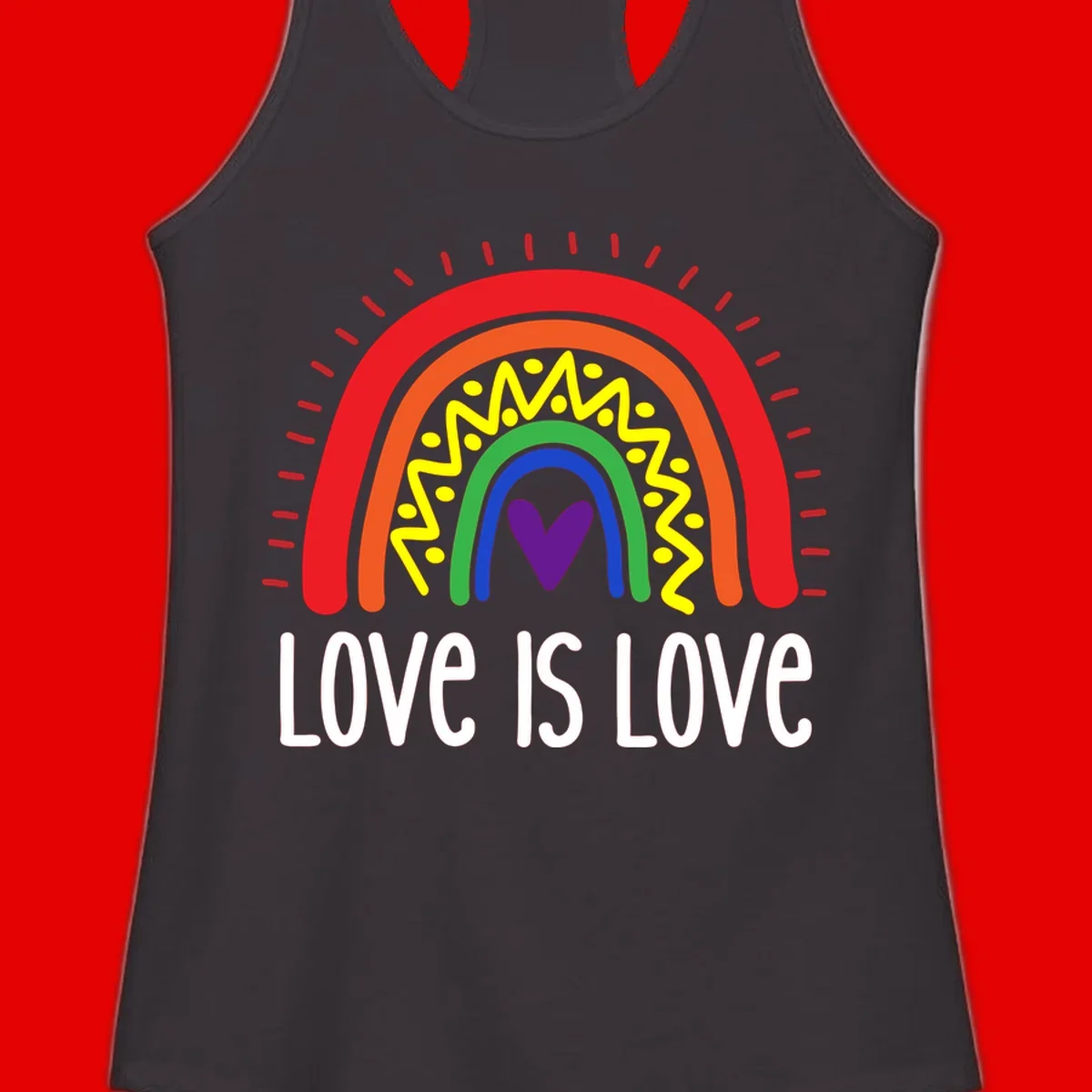 Colorful concentric rainbow arcs with purple heart center, yellow lightning and dots, red rays, and 'Love Is Love' text