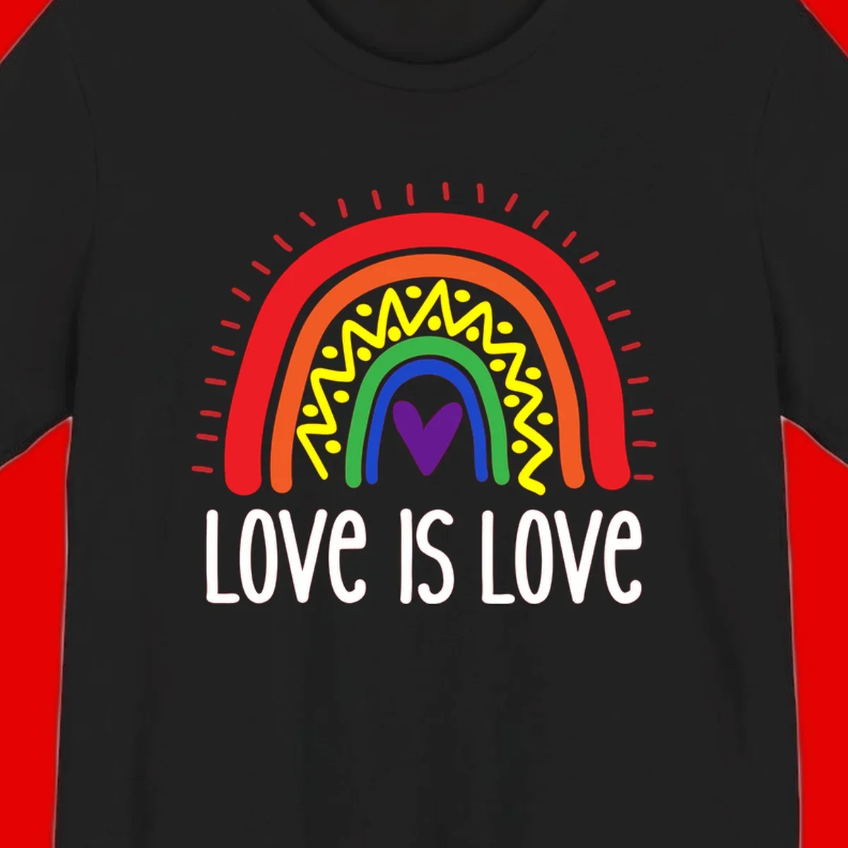 Colorful concentric rainbow arcs with purple heart center, yellow lightning and dots, red rays, and 'Love Is Love' text