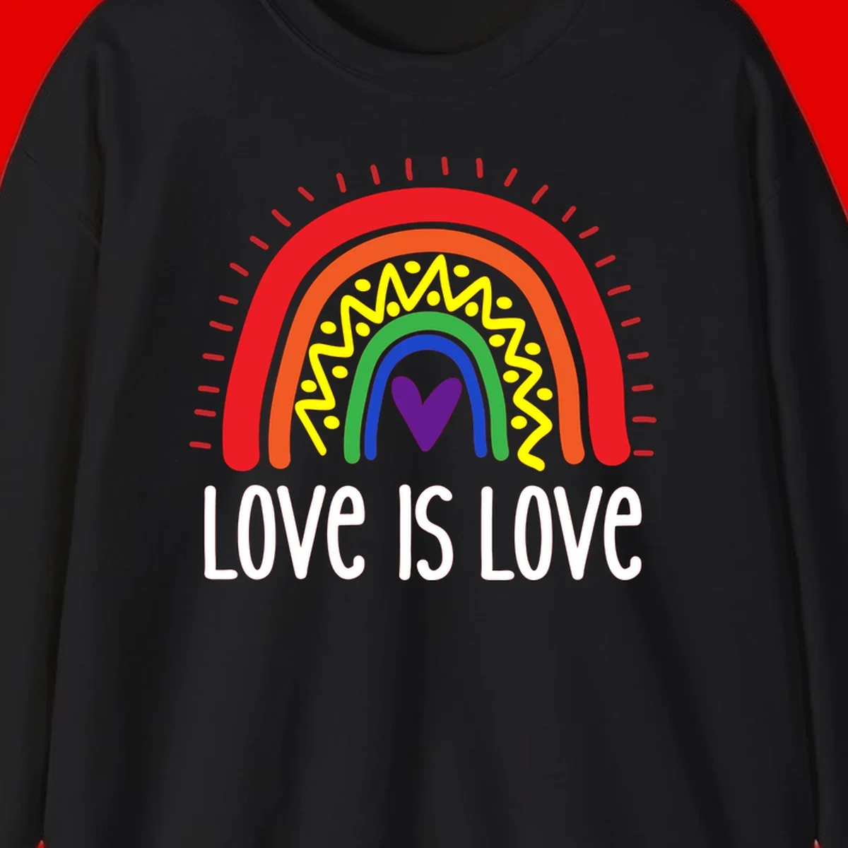 Colorful concentric rainbow arcs with purple heart center, yellow lightning and dots, red rays, and 'Love Is Love' text