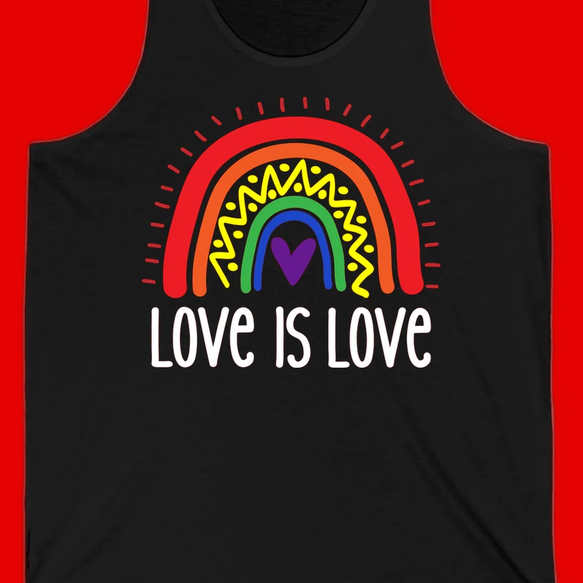Colorful concentric rainbow arcs with purple heart center, yellow lightning and dots, red rays, and 'Love Is Love' text