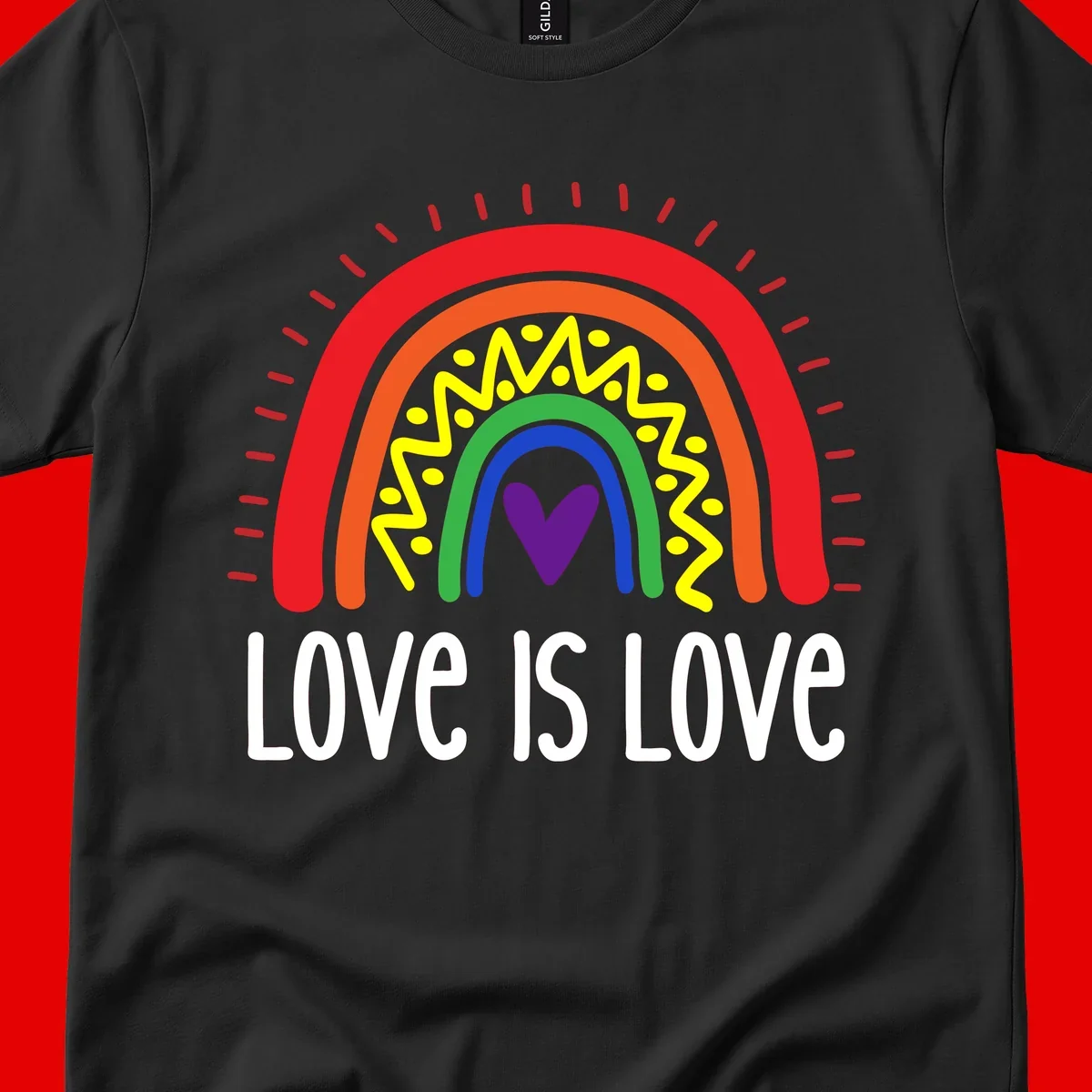 Colorful concentric rainbow arcs with purple heart center, yellow lightning and dots, red rays, and 'Love Is Love' text
