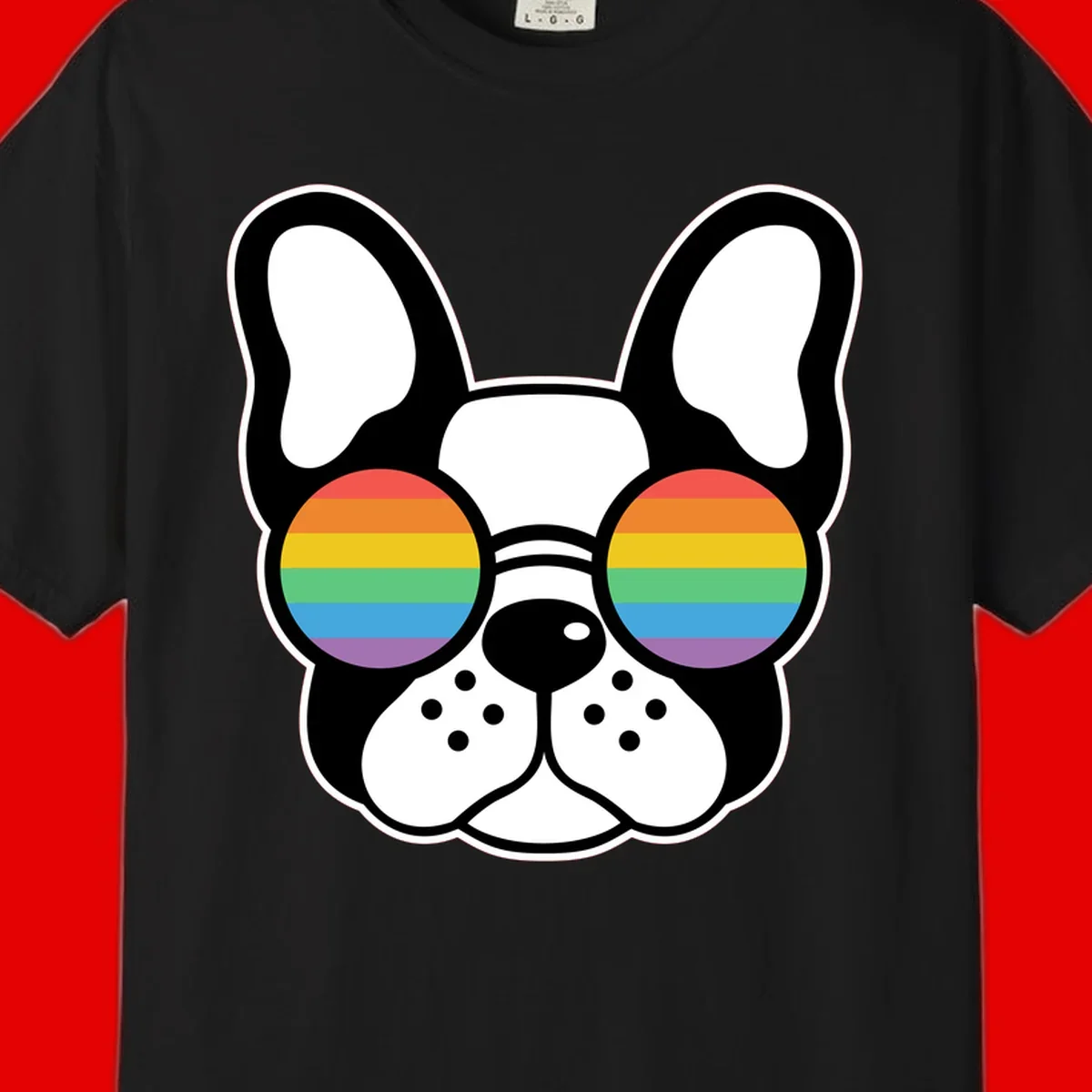 Black and white French Bulldog wearing round sunglasses with rainbow pride flag stripes in red, orange, yellow, green, blue, and purple.