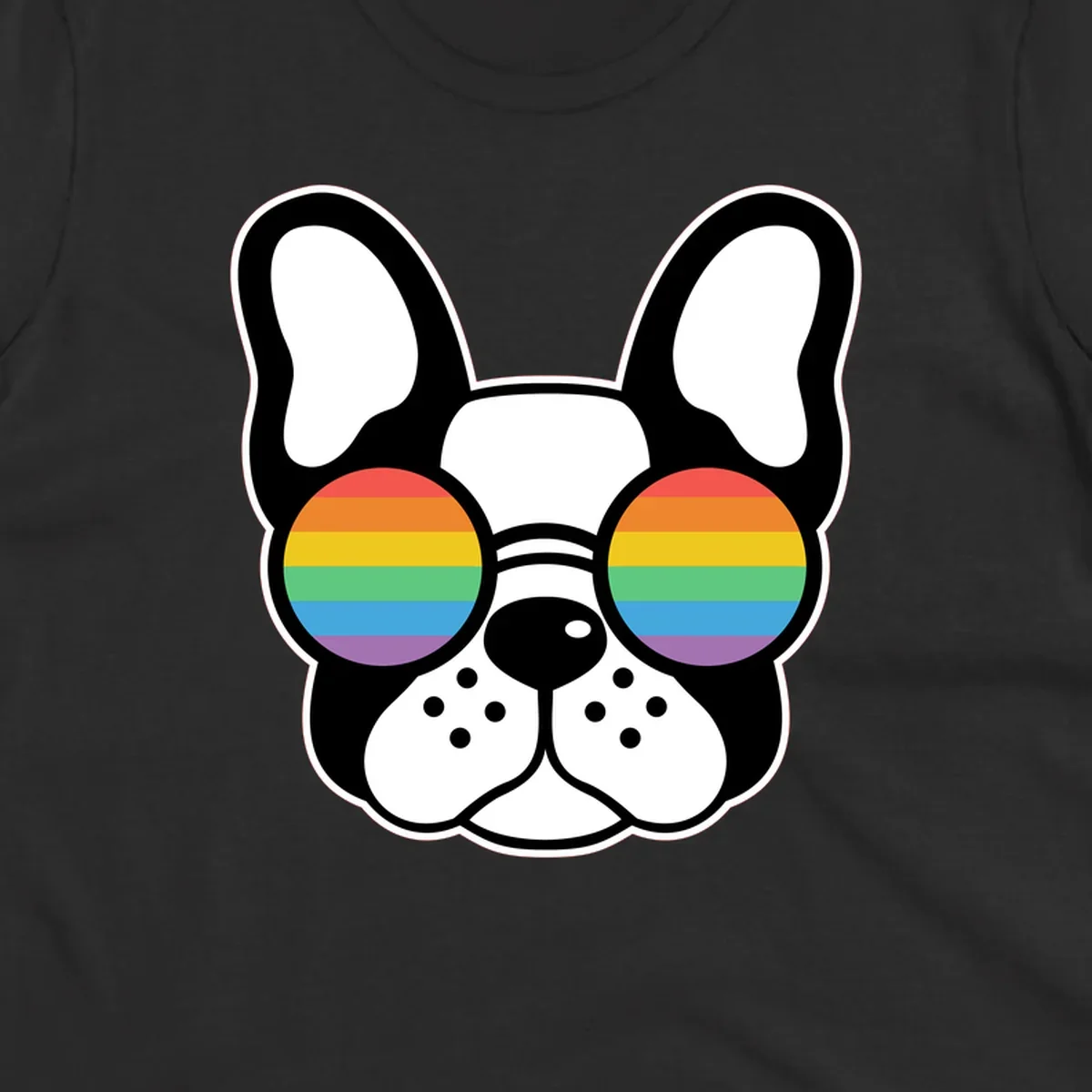 Black and white French Bulldog wearing round sunglasses with rainbow pride flag stripes in red, orange, yellow, green, blue, and purple.