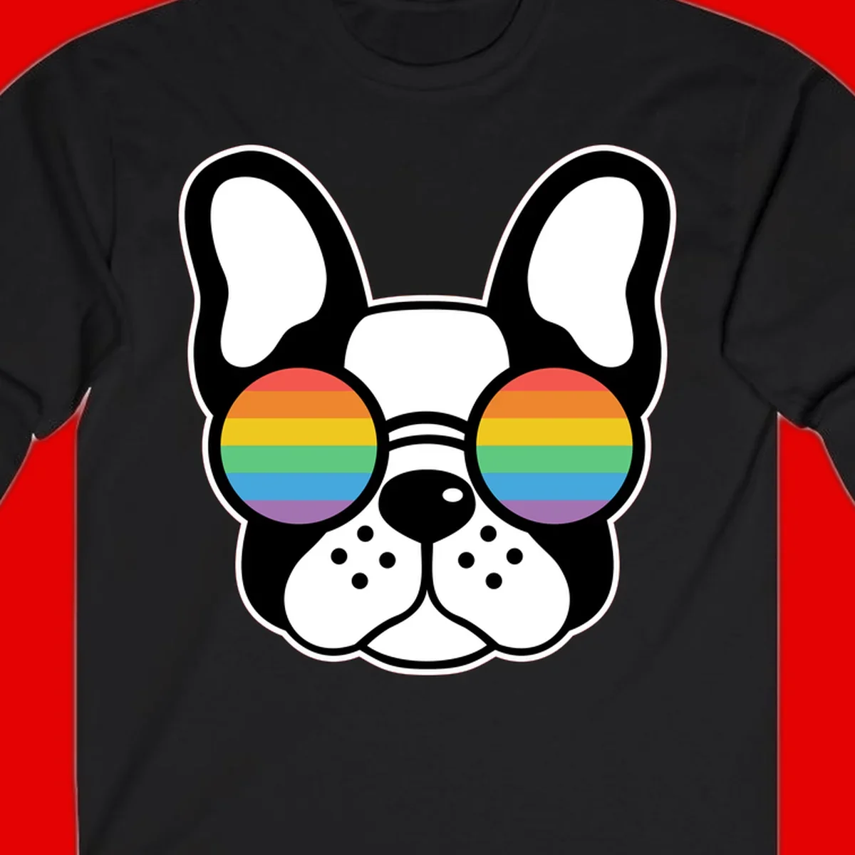 Black and white French Bulldog wearing round sunglasses with rainbow pride flag stripes in red, orange, yellow, green, blue, and purple.