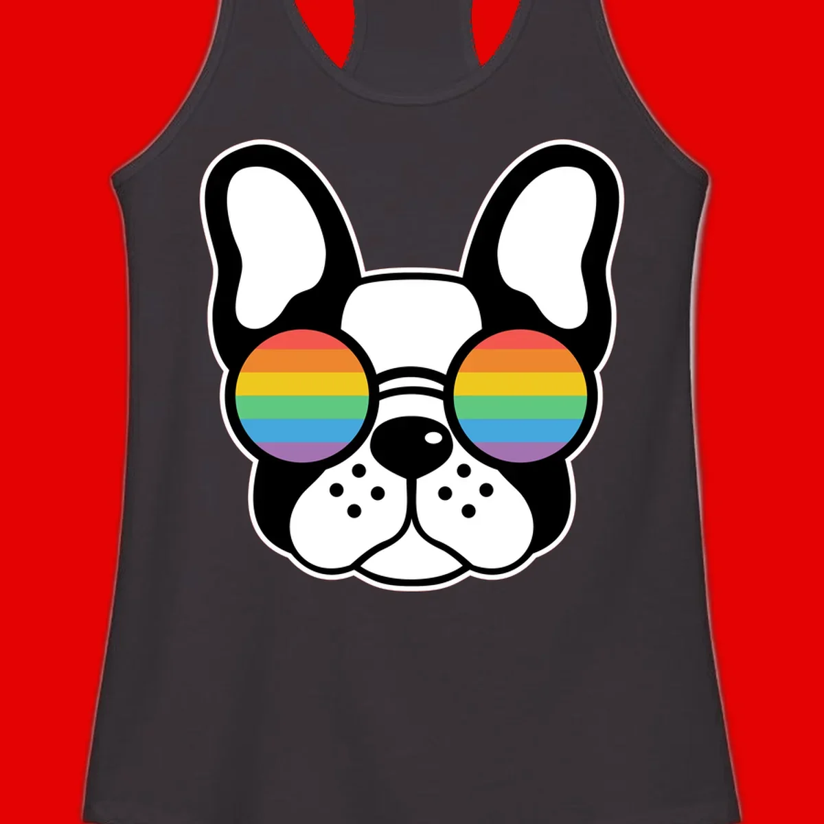 Black and white French Bulldog wearing round sunglasses with rainbow pride flag stripes in red, orange, yellow, green, blue, and purple.