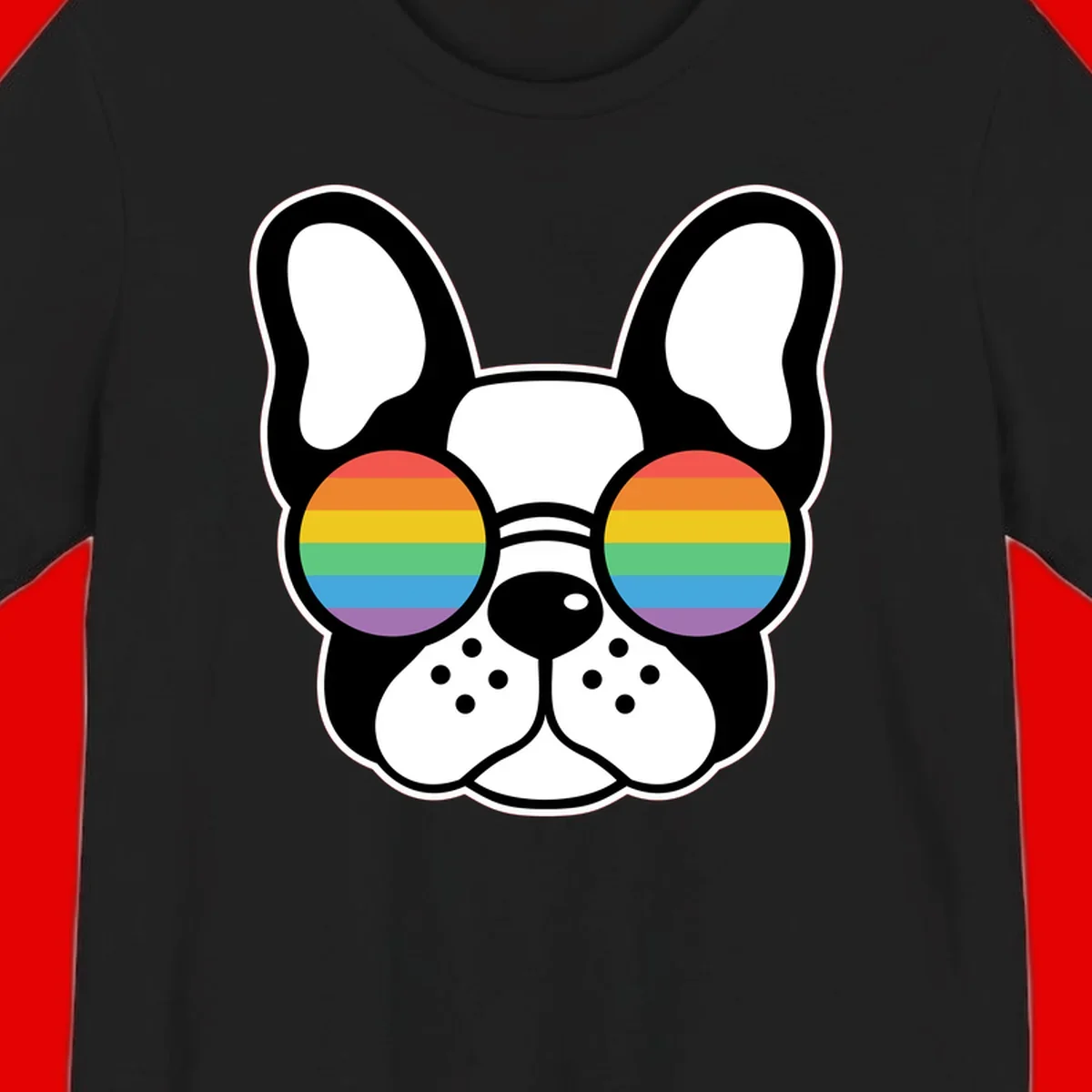 Black and white French Bulldog wearing round sunglasses with rainbow pride flag stripes in red, orange, yellow, green, blue, and purple.