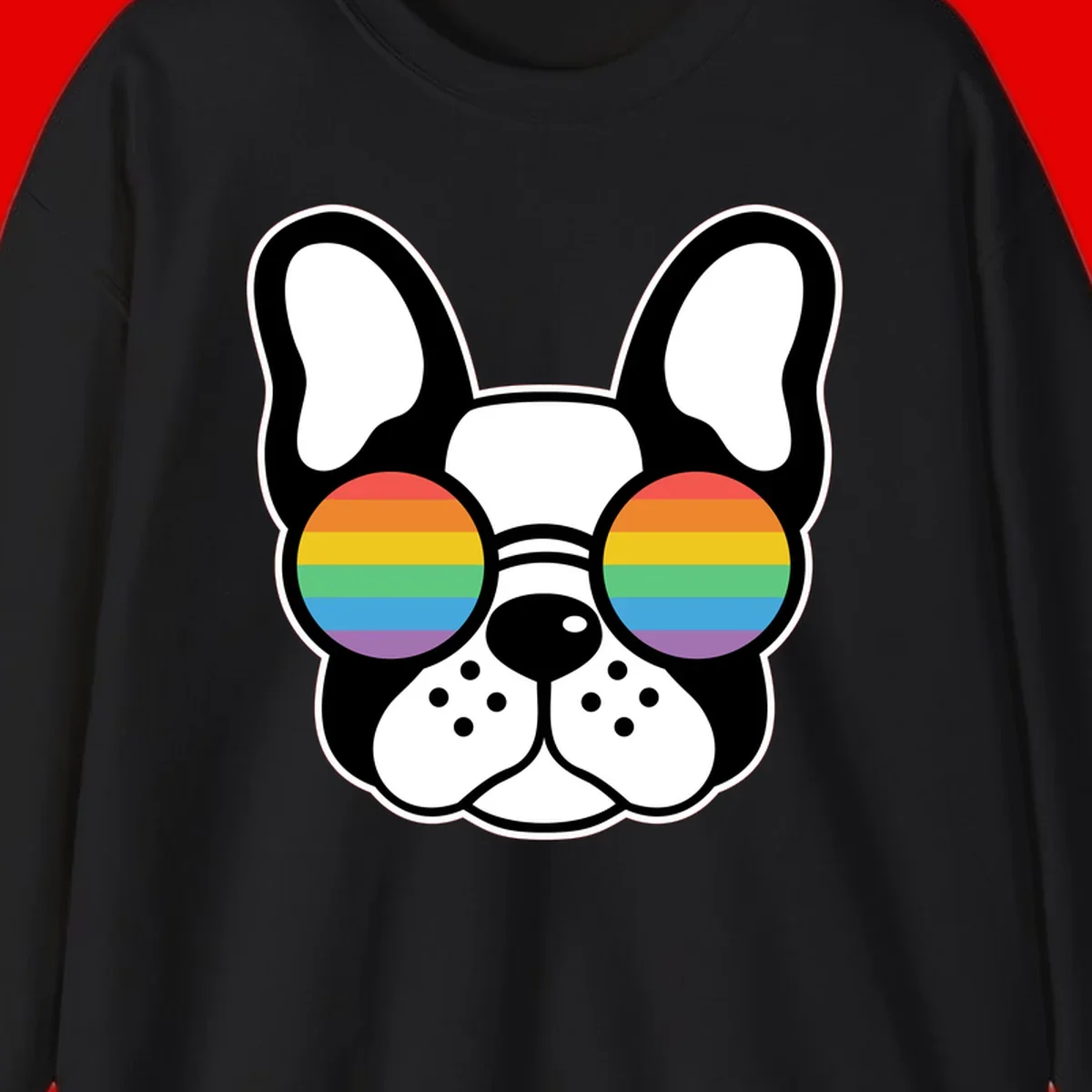 Black and white French Bulldog wearing round sunglasses with rainbow pride flag stripes in red, orange, yellow, green, blue, and purple.